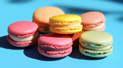 Fototapeta premium A selection of colorful macarons arranged on a blue background with shadow.