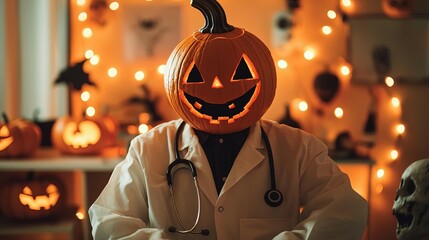 A doctor in a pumpkin costume with a stethoscope, in a hospital office adorned with Halloween lights and creepy decor