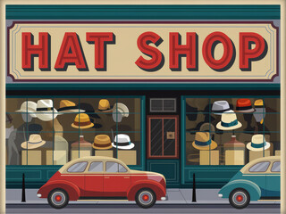 Vintage hat shopfront with classic cars and retro display