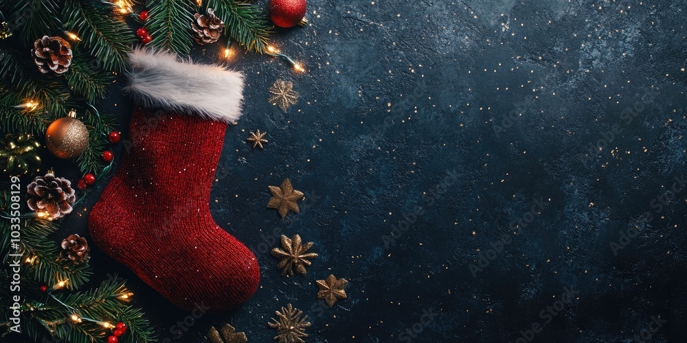 Poster dark christmas backdrop featuring a christmas sock. top view with copy space.
