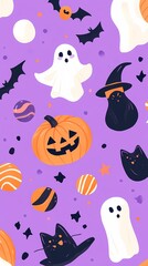 Colorful and playful Halloween-themed pattern featuring ghosts and pumpkins.
