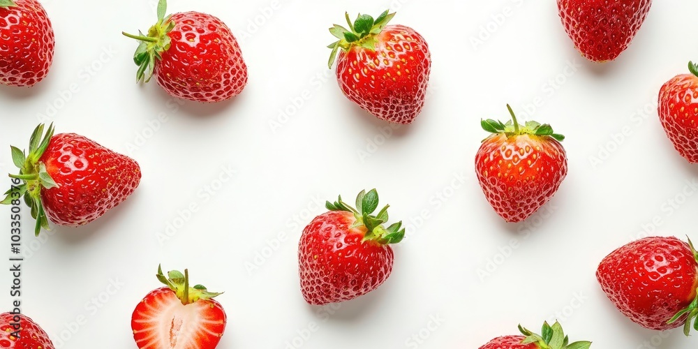 Poster nibbler with fresh strawberries on a white background, top view. room for text.