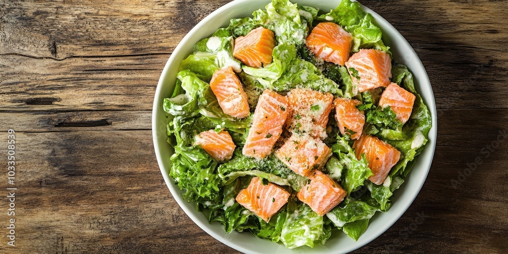 Poster caesar salad topped with salmon. viewed from above. set against a wooden background. copy space.