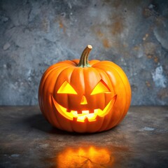 Halloween Pumpkin on Grunge Texture Ceramic Floor. Spooky Autumn Decor Background