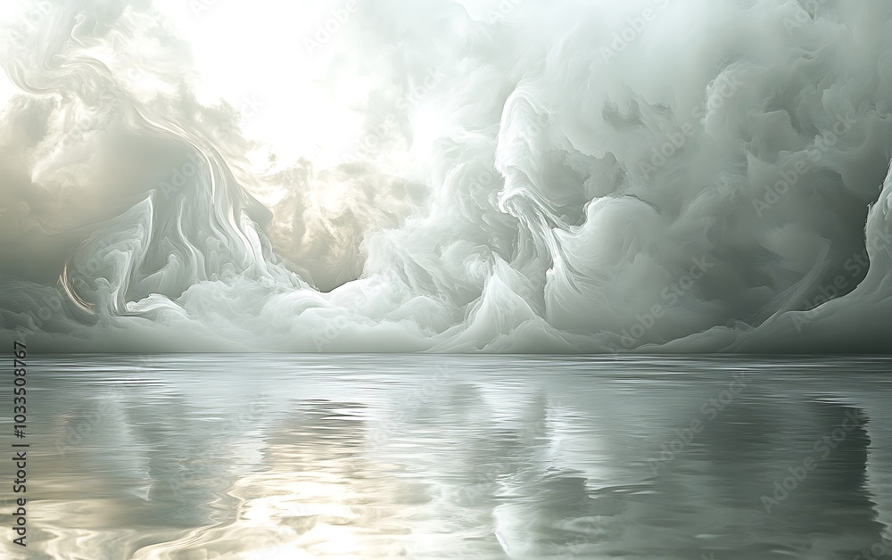 Poster a serene landscape with swirling clouds reflected in calm water, creating a peaceful and ethereal at