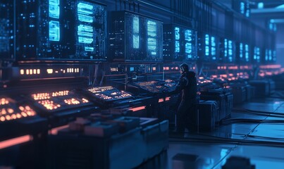 Futuristic control room with a lone worker.