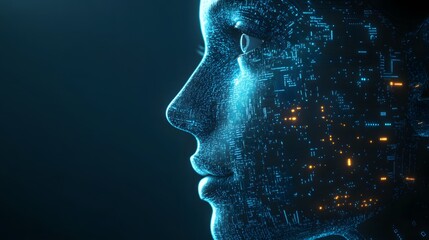 A Digital Human Face Composed of Blue Circuitry and Glowing Orange Lights