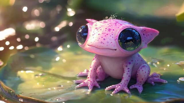 Pink alien with large eyes on lily pad in pond setting