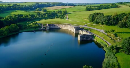 Obraz premium Aerial View of Dam and Reservoir in Green Valley