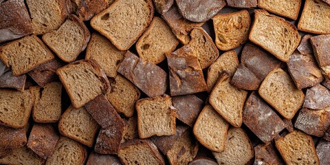 Arrangement of sliced rye bread pieces. Flat lay, top view, copy space.