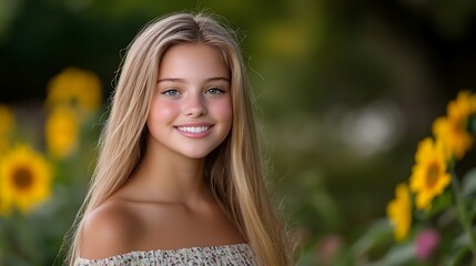 Naklejka premium A young woman standing in a picturesque field of vibrant sunflowers in full bloom on a bright warm summer day The serene natural landscape creates a sense of tranquility and beauty