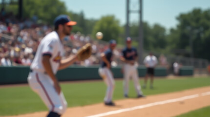 Baseball players are seen on the field during a game, with fans in the stands in the background