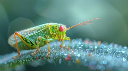 Fototapeta premium A green and red bug stands on a leaf, surrounded by dewdrops, looking forward.