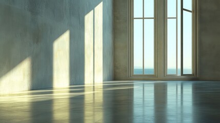 Empty room with large windows overlooking the ocean, sunlight streaming through, creating shadows on the floor.