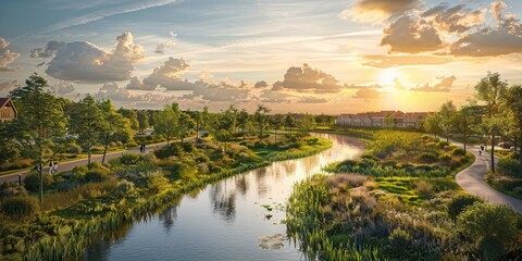 A vibrant green city, showcasing sustainable urban living with lush parks and eco-friendly architecture. This image embodies the harmony between nature and modern urban development.
