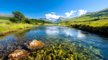 Serene river flowing gently through a deep lush valley with a bright clear blue sky stretching out overhead in a tranquil natural landscape