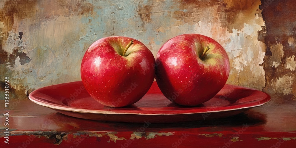 Poster two ripe, red, delicious apples rest on a red plate. the background features a rustic style with wea