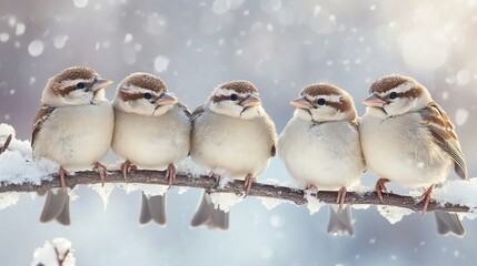 Five adorable sparrows huddled on a branch in a winter garden scene, showcasing small birds with fluffy feathers and curious expressions against a snowy background
