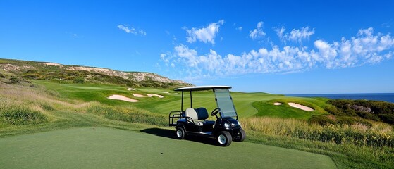 Serene Golf Course with Cart Under Blue Sky