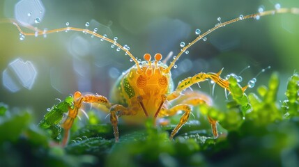 A close-up of a small yellow beetle on green vegetation, captured from above under rain droplets.