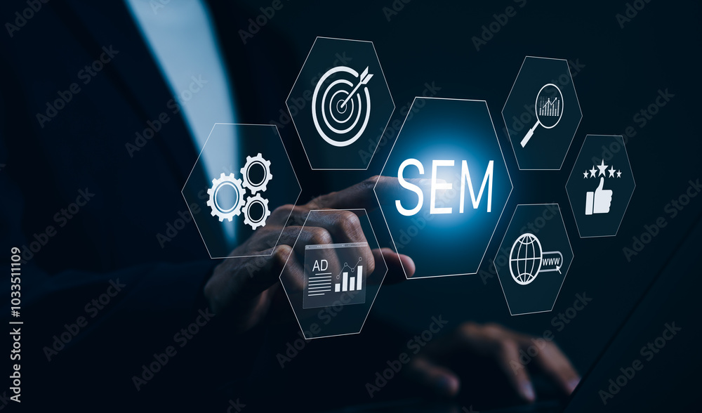 Poster sem search engine marketing concept. businessman touching virtual icons representing search engine m