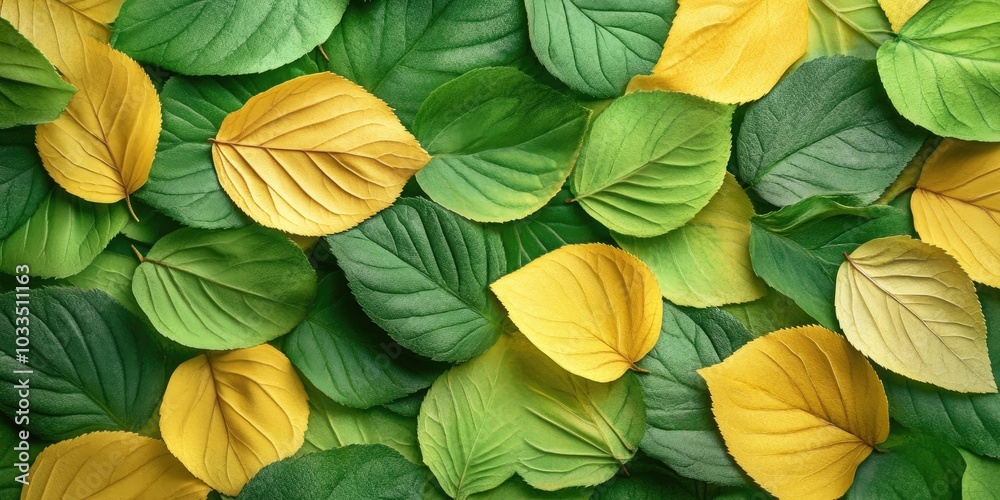 Aufkleber create a card using green and yellow leaves for an abstract background. nature concept, flat lay, co