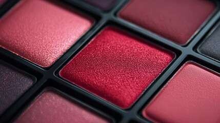 Fototapeta premium Close-up of a makeup palette featuring various shades of red and pink cosmetics.