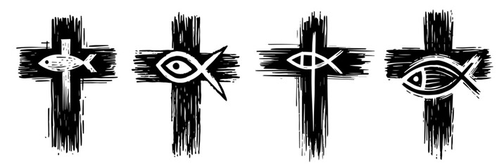 christian faith elements illustrated in elegant line art style black vector