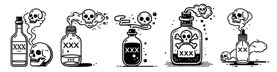 set of spooky poison bottle sketches with eerie details in black vector