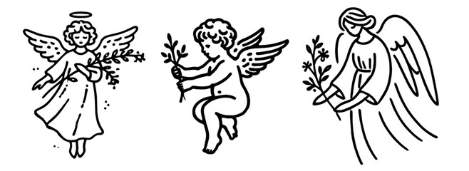 retro-style angel child sketches in line art, black vector set
