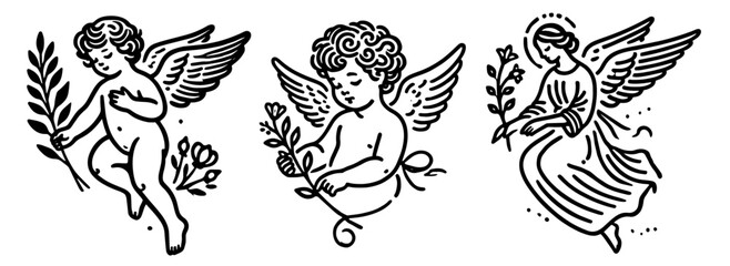 angel child character in retro style, hand-drawn line art, black vector