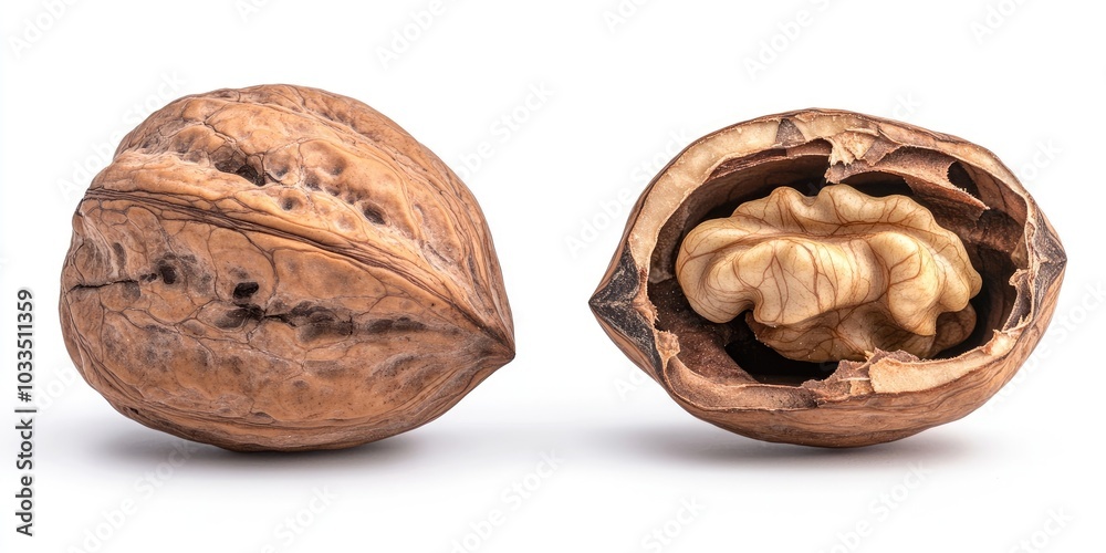 Poster whole walnut, half in its shell with the walnut shell intact on the back, set against a white isolat