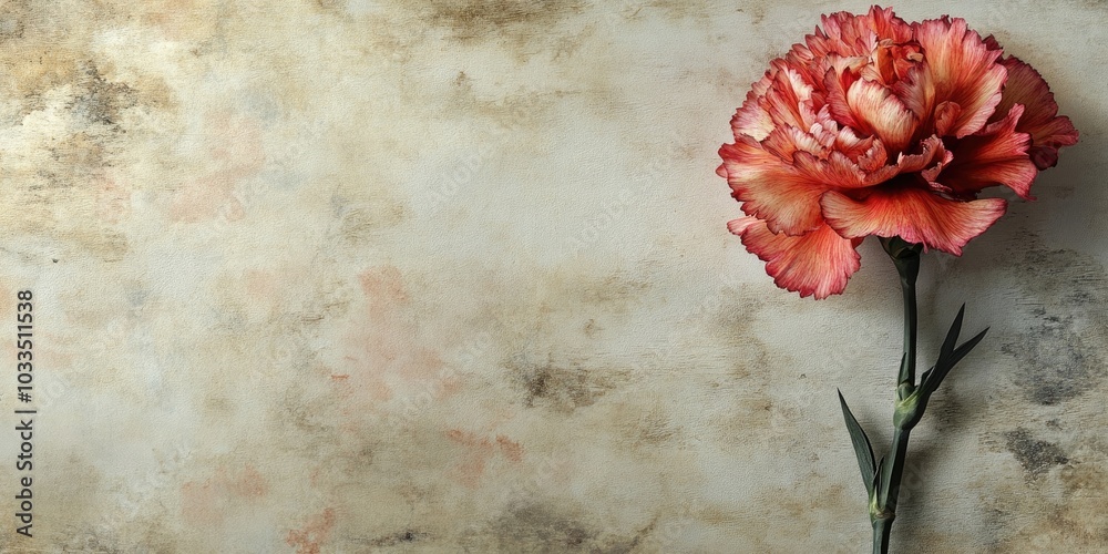 Poster textured aged paper backdrop featuring a variegated carnation flower