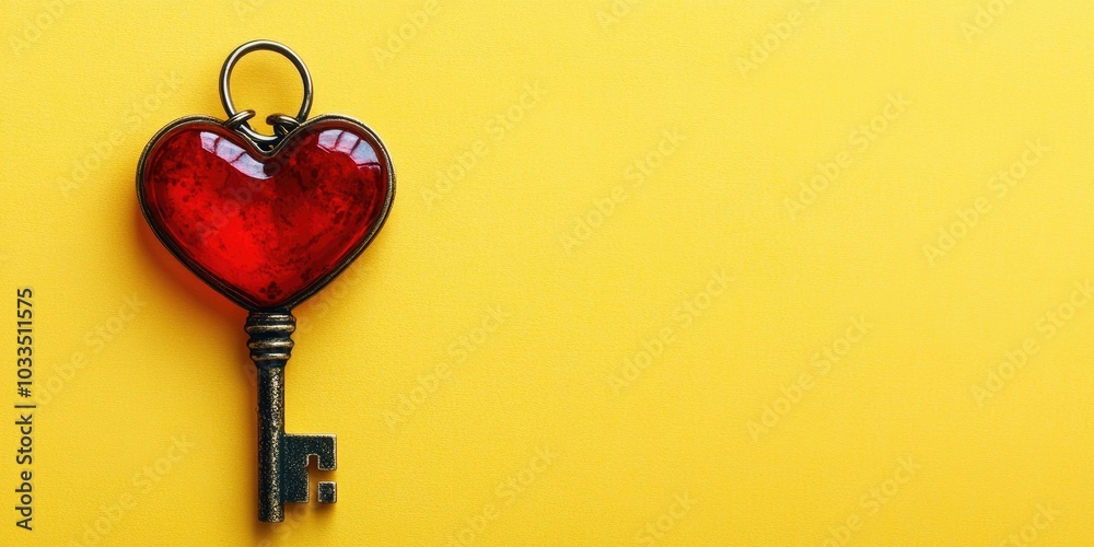 Poster metallic red heart-shaped lock and key on a yellow background with copyspace, close-up. concept of l