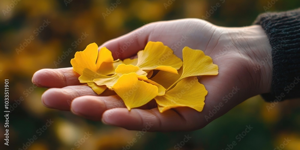 Poster ginkgo leaves rest on the hand.