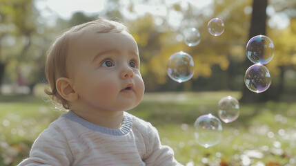 Baby Watching Bubbles Floating in the Air