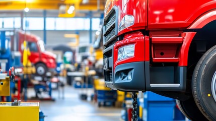 Truck on hydraulic lift in busy auto repair shop. Technicians working on various vehicles in the background.