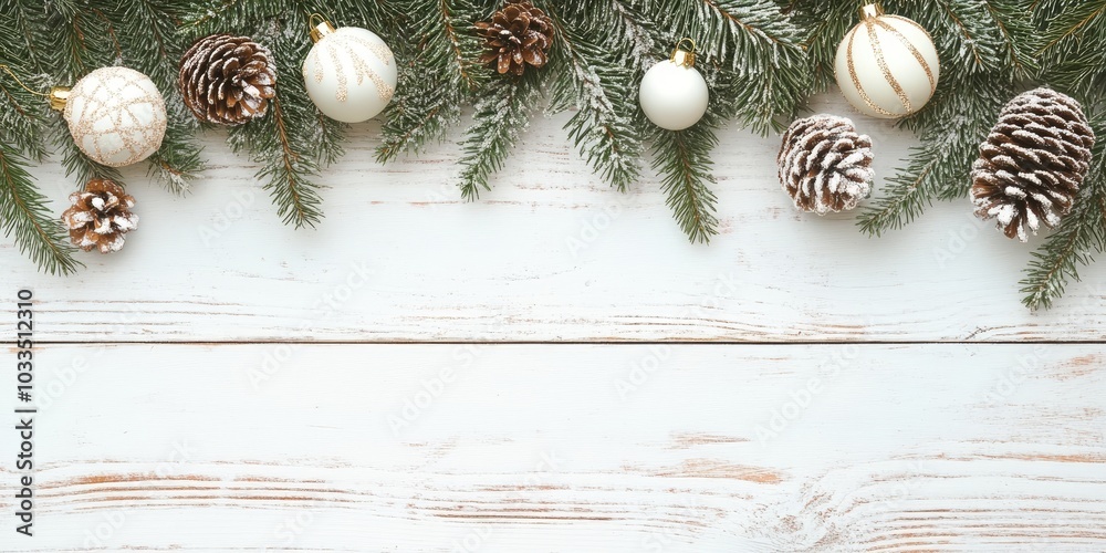 Poster christmas background featuring fir branches and decorations on a white rustic wooden surface with co