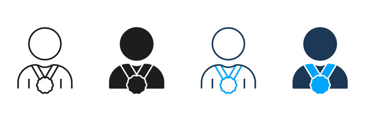 Winner with Medal Line and Silhouette Icon Set. Best Quality Award, Win Certificate Pictogram. Man Leader Sign. Editable Stroke. Isolated Vector Illustration
