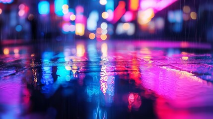 Colorful neon lights reflecting on wet pavement after rain in a vibrant urban environment.