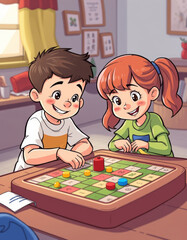 Fototapeta premium Smiling kids enjoying a fun board game indoors with excitement and laughter