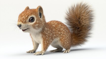 Fototapeta premium A cute, fluffy squirrel with big eyes and a bushy tail stands on a white background.