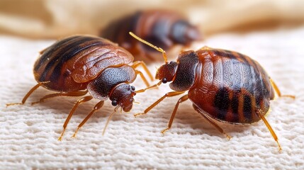 Close-up of Bed Bug Infestation on Fabric - Macro Photography Revealing Pest Problem in Apartment Bedroom.