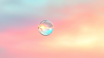 Colorful soap bubble floating against a soft pastel background.
