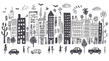 Obraz premium Delightful urban doodles showcase a lively cityscape with hand-drawn buildings, cars, and animated figures enjoying street life. Generative AI