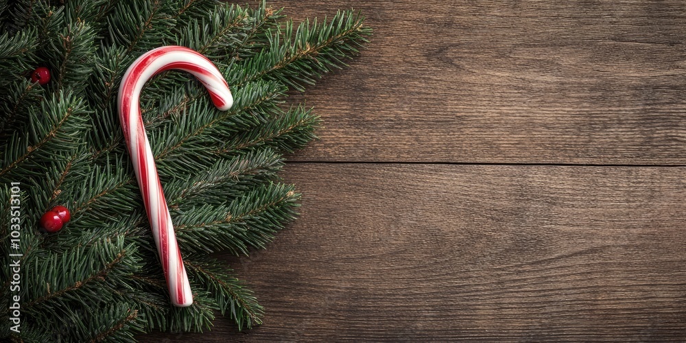 Poster christmas tree branch featuring a candy cane on a wooden table. top view with copyspace.