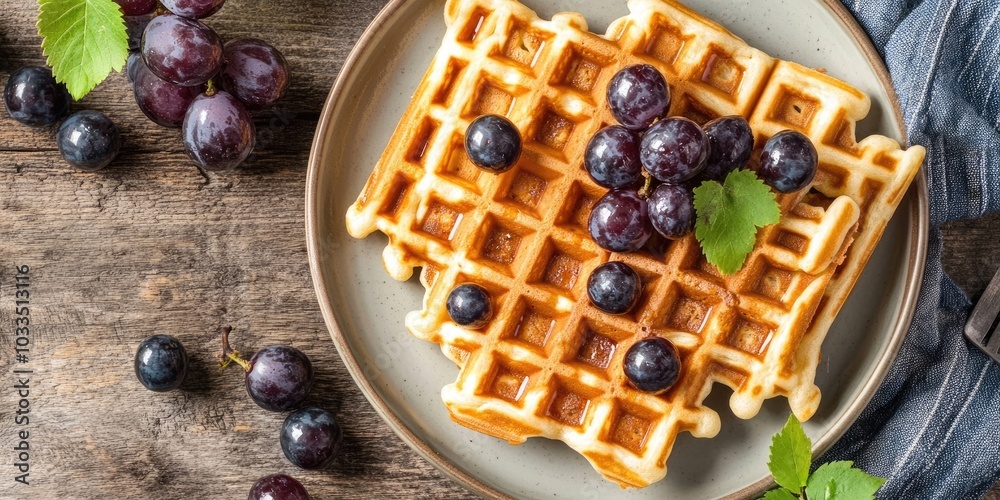Poster breakfast image featuring homemade waffles and grapes.