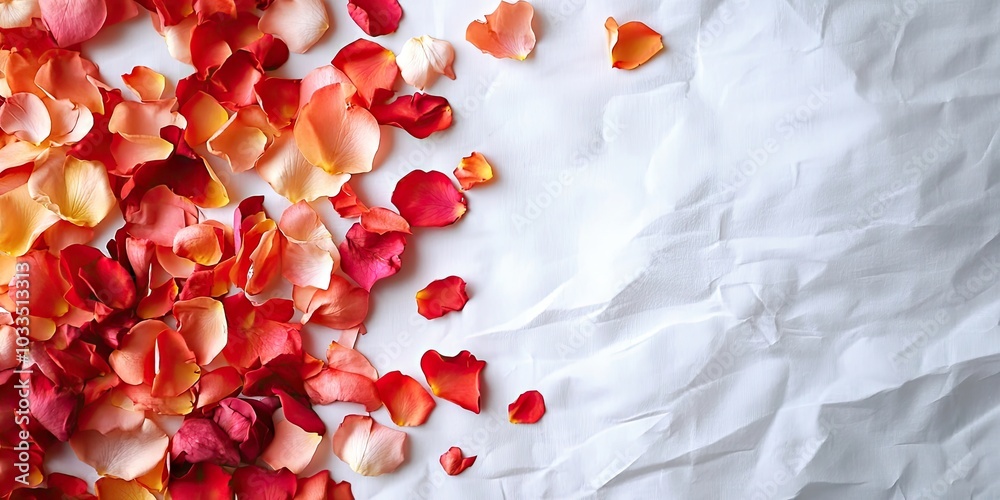 Poster Beautiful romantic rose petals scattered on a white sheet create a simple yet striking and colorful backdrop for adding copy.