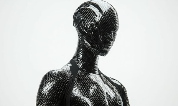 Black, scaly mannequin against white background.