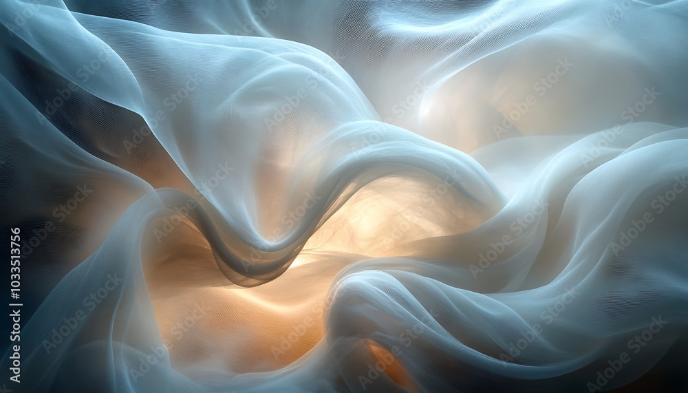 Aufkleber an abstract swirl of translucent fabric, bathed in soft light, creating a dreamlike texture and dept